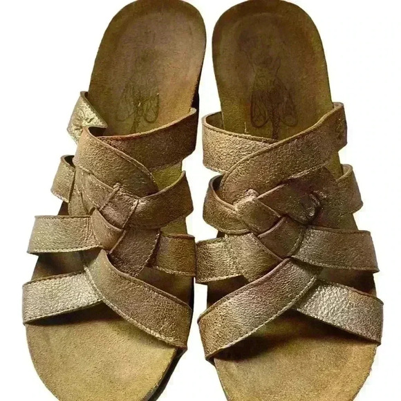 FLY London Gily Women's Metallic Gold Wedges Sandals Slip On Size 41 / 10-10.5 - Picture 5 of 10